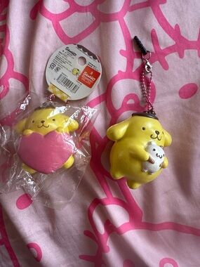 (2) Sanrio Pompompurin Yellow Squishy Keychain with Pink Heart Charm